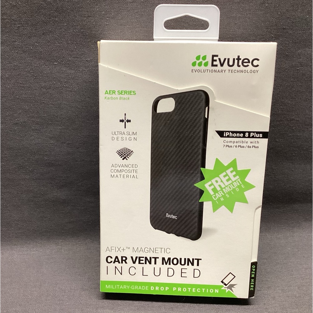 EVUTEC AER SERIES IPHONE 8 PLUS CASE WITH CAR VENT MOUNT COLOR: KARBON BLACK NWT